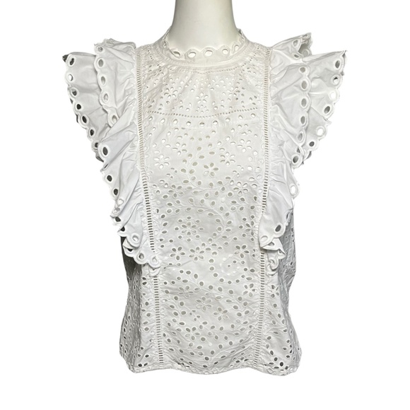 Veronica Beard Calisata Ruffled Eyelet-Embroidered Top White Cotton Size 2 - Picture 11 of 11